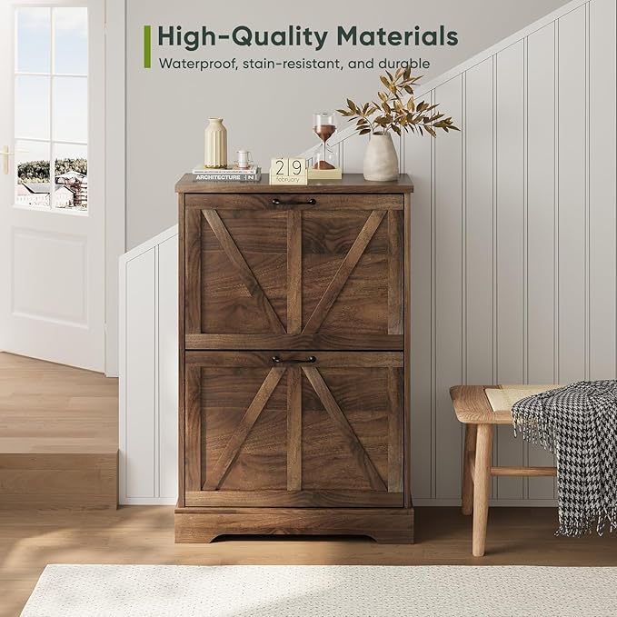 Smart FENDEE Shoe Cabinet, Shoe Storage Cabinet for Entryway with 2 Flip Drawers, Narrow Farmhouse Shoe Organizer Cabinet, Slim Shoe Rack Cabinet, 23.6in Walnut