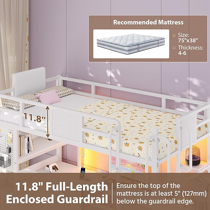 Dnxao Loft Bed Twin Size with L-Shaped Desk, Heavy-Duty Metal Twin Loft Bed with 5 Storage Drawers, LED Lights & Charging Station, Reinforced Stable Structure for Small Room Dorm Apartment, White