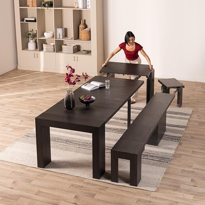 Transformer Table - Solid Wood Extendable Dining Table, Seats 2-12, Expandable Dining Room Table, Space-Saving Furniture, Kitchen and Dining Room Furniture (Black, Table + Bench)