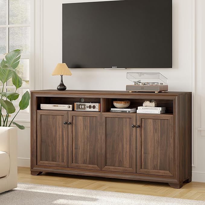 ONBRILL 60 Inches Sideboard Buffet Cabinet with Storage, 4 Doors Large Sideboard, Kitchen Cabinet with Open Shelf & Adjustable Shelf, Kitchen Coffee Bar Console Table for Living Room, Hallway, Brown