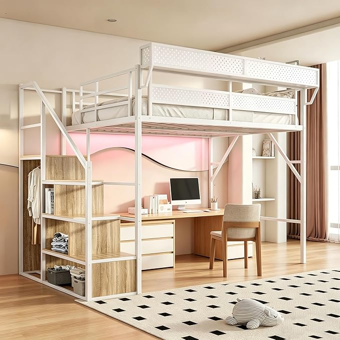 Queen Size Metal Loft Bed with LED Lights and USB Charging Port, Storage Shelf, Reversible Storage Stairs with Wardrobe, Heavy Duty Noise-Free Design, Large Under Bed, No Box Spring Needed