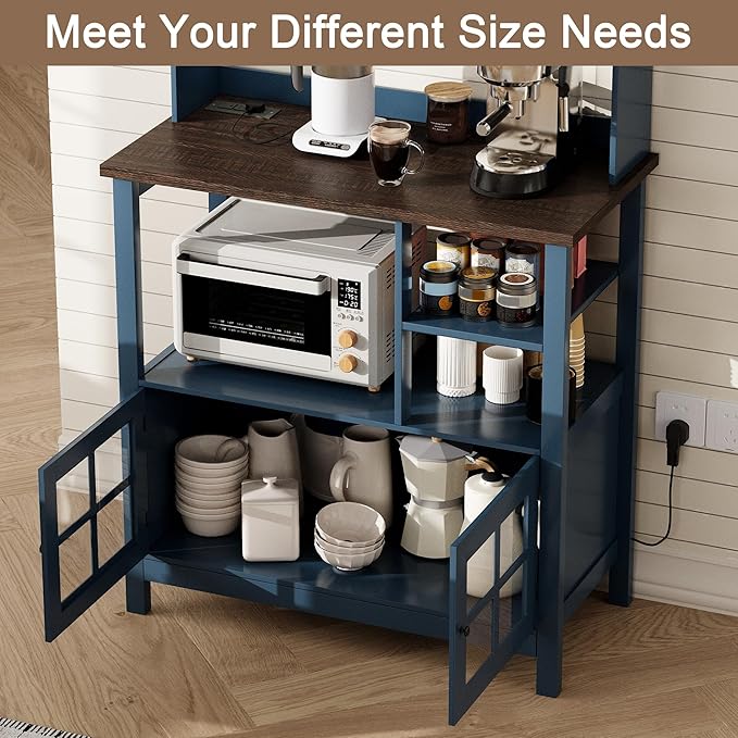 ChooChoo Farmhouse Coffee Bar Cabinet with Storage, Bakers Rack with Power Outlets, Microwave Stand Kitchen Cabinet with Hutch and 6 Hooks, Blue