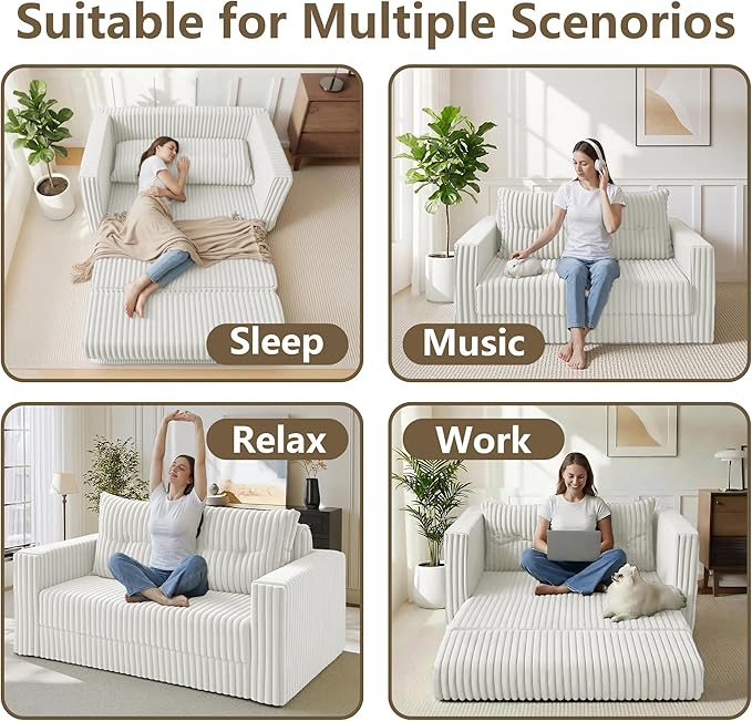 HABUTWAY 49.8" Loveseat Boneless Couch, 4-in-1 Convertible Sofa Bed, Plush Fur Folding Futon Sofa Bed Couches with a Pillow for Living Room, High-Density Foam Support, No Assembly Required, Beige