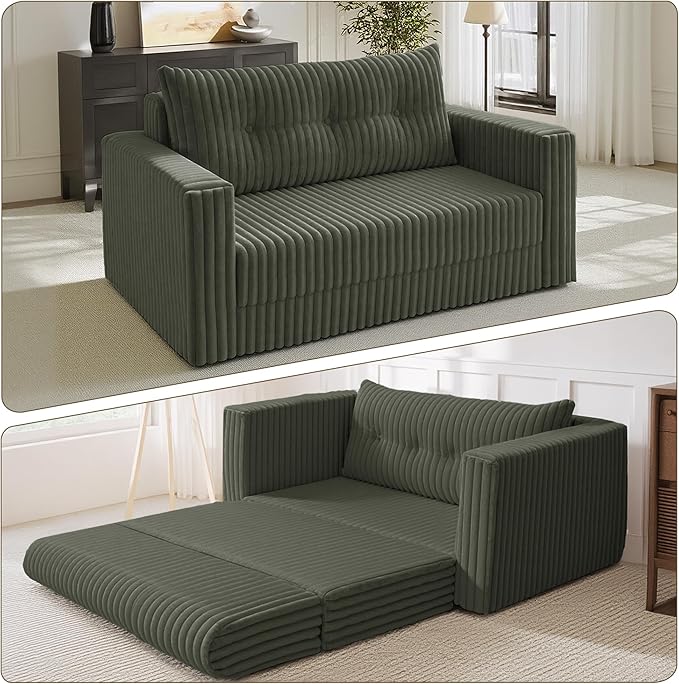HABUTWAY 41.3" Loveseat Boneless Couch, 4-in-1 Convertible Sofa Bed, Plush Fur Folding Futon Sofa Bed Couches with a Pillow for Living Room, High-Density Foam Support, No Assembly Required, Green