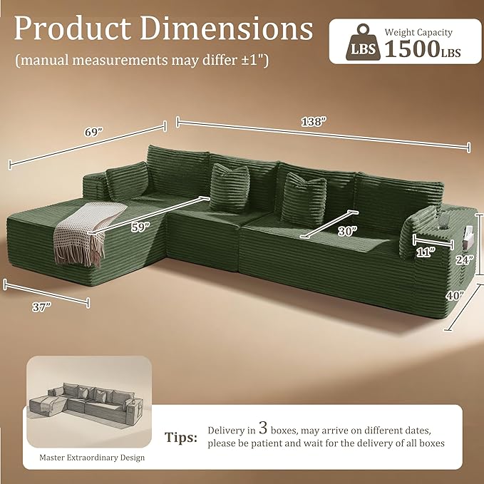 138" Cloud Sectional Couch, Comfort L Shaped Boneless Couch for Living Room, Extra Deep Seats No Assembly, Minimalist Modular Sofa, Corduroy (Olive Green, 3 Seater+Right Facing Chaise)
