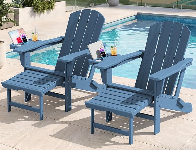 KINGYES Adjustable Folding Adirondack Chair with Footrest & 4-in-1 Multi-Functional Armrest Organizer, HDPE Foldable Recliner Adirondack Chair with Pull-Out Ottoman, Blue