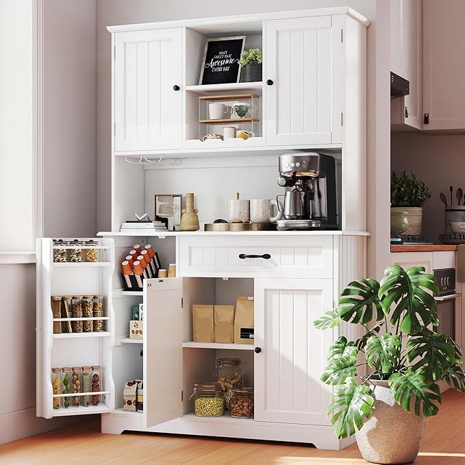 Gizoon 67 in Kitchen Storage Cabinet with Door and Shelves, Kitchen Pantry Cabinet Tall Coffee Bar Hutch with Storage for Dining Room, Painted White