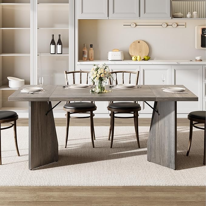 GarveeHome 70.9'' Rectangular Dining Table for 6-8, Wooden Thickened Long Desk, Farmhouse Kichen Table with Sturdy Frame and M-Shaped Legs, for Dining Room, Kitchen, Living Room, Office, Grey