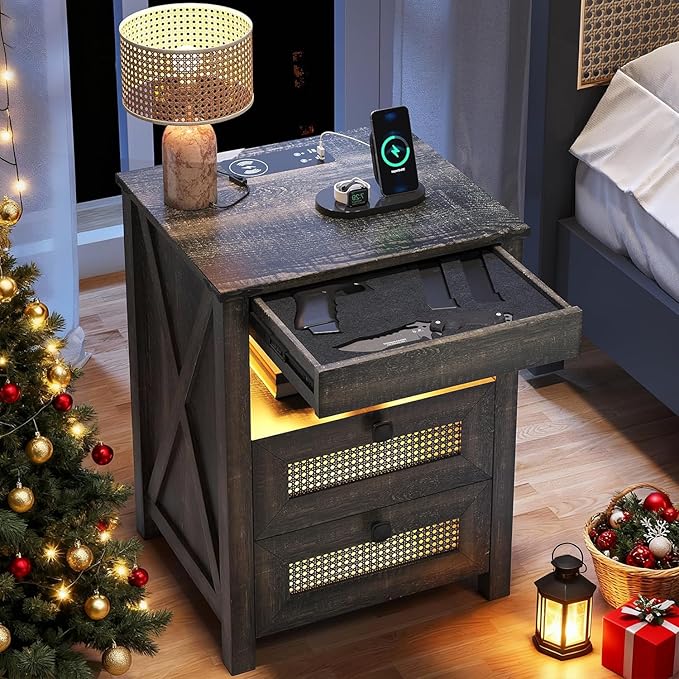 Night Stand with Gun Drawer, Bedside Table with Charger Station & LED Human Sensor Light, Gun Nightstand End Tables Bedroom Living Room, Rustic