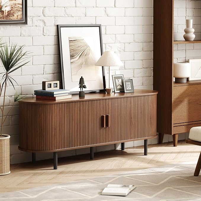 ONBRILL 55" TV Stand with Power Outlet for TVs up to 60 Inch, Entertainment Center with Storage and Adjustable Shelves, Modern Media Console with Sliding Doors for Living Room, Walnut