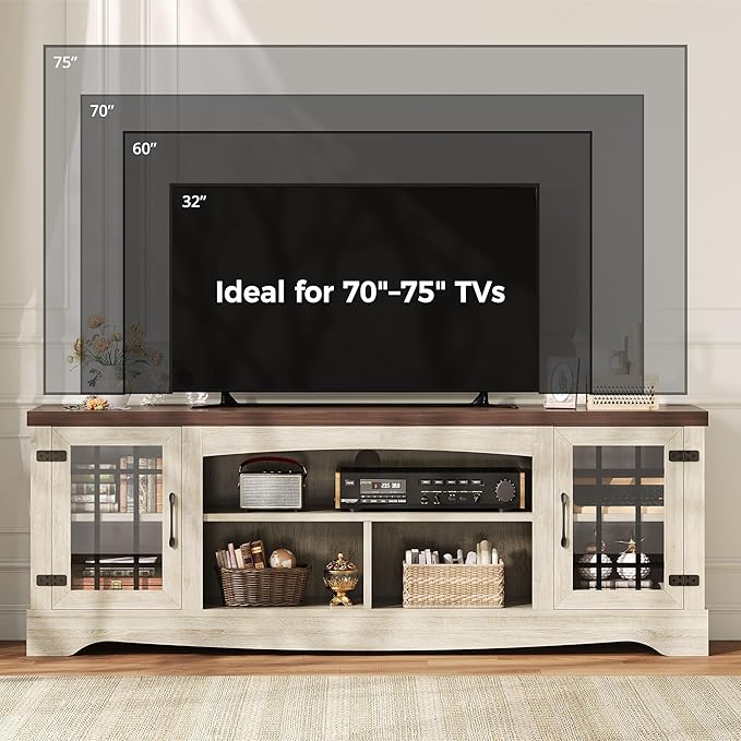 IRONCK Farmhouse TV Stand for 75 Inch TV, Rustic Entertainment Center with Storage Cabinets & Open Shelves, Grid Glass Doors, Media Console for Living Room, Bedroom(Light Oak & Walnut)