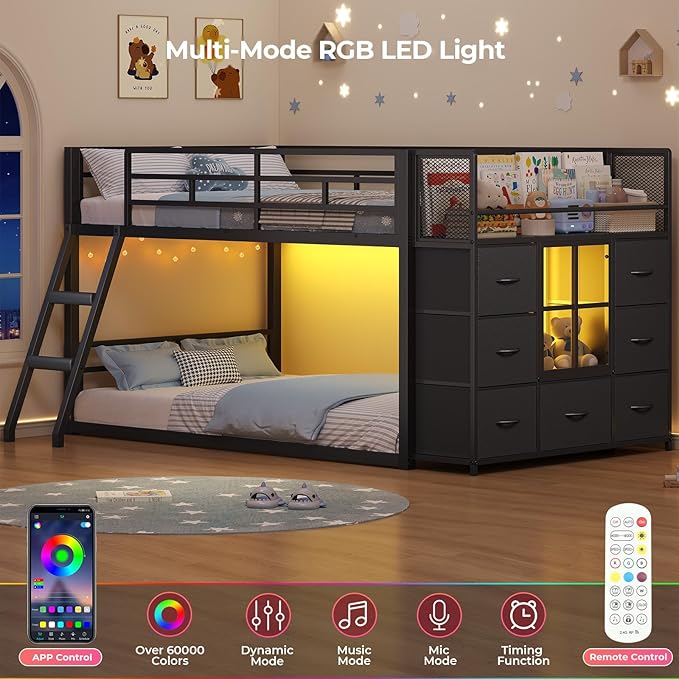BTHFST Low Bunk Bed Twin Over Twin with 7 Large Fabric Drawers & Bookshelf, Metal Bunk Bed with RGB LED Lights & Slanted Ladder & Safety Guardrail, Kids Low Loft Bed Twin for Small Space, Black