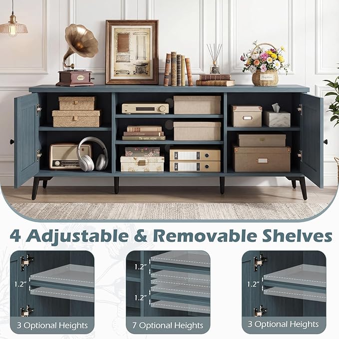 Giantex 2-Door TV Stand for TVs up to 65", Mid Century Modern Entertainment Center with 2 Storage Cabinets & 4 Adjustable Shelves, 6 Metal Legs, Media TV Console Table for Living Room (Teal Blue)