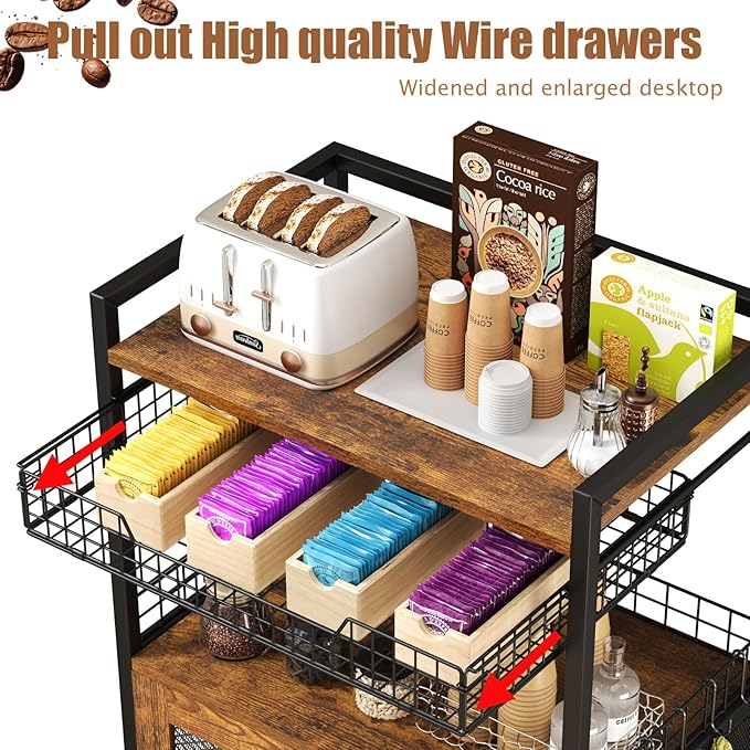 Hencawima Coffee Bar Cabinet, 3 Tier Coffee Station Table on Wheels, 35.9" H Bar Cart with Wire Basket Drawer & 5 Hooks for Home Kitchen, Liquor Buffet Sideboard Cabinet (Rustic Brown)