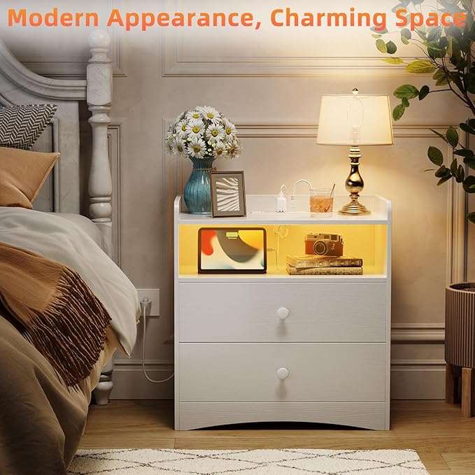Memobarco 2 Pack Nightstand with Charging Station and LED Light, Modern Nightstand with USB Ports and Outlets, Wood Bedside Table with 2 Storage Drawers, Small Dresser for Bedroom Small Space, White