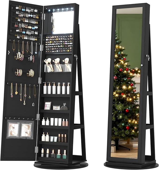 LVSOMT LED Mirror Jewelry Cabinet Standing, 360° Swivel Jewelry Organizers and Storage, Farmhouse Mirror with Jewelry Storage, Lighted Jewelry Armoire with Full Length Mirror (Coal Black)