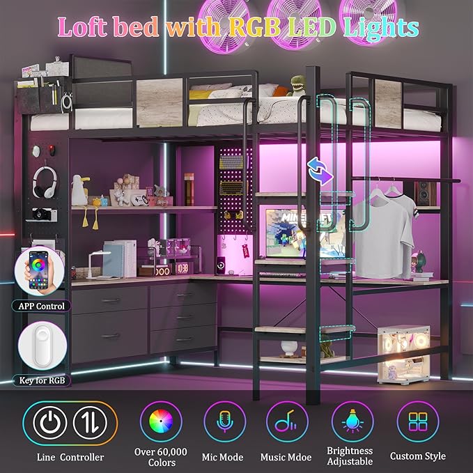 busyaeh Loft Bed Full Size with 5 Drawers & 3 Open Shelves and Charging Station，Full Size Loft Bed with Desk & LED Lights and Thickened Tread Stairs,Loft bed Space-Saving,No Box Spring Needed,Oak Gray