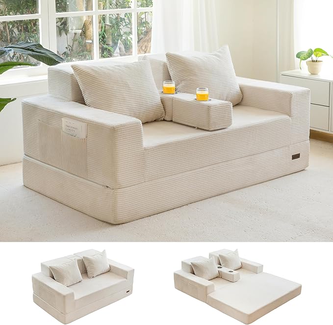 MAXYOYO Loveseat Sofa Bed, 64" Foldable Floor Sofa Couch in A Box with 2 Cup Holders, 4 in 1 Convertible Boneless Couch Folding Recliner Sleeper Chair for Living Room, No Assembly Required, Beige