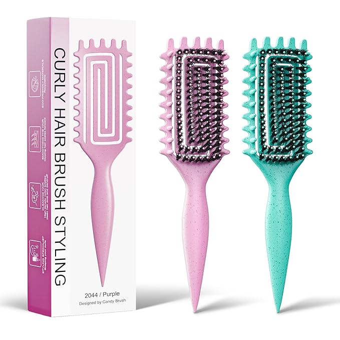 Curly Hair Brush, Curl Defining Brush with Soft Boar Bristles Detangling Tangled Glides, Wide-Teeth Design Effortlessly Shaping & Defining Curls (Pink Green)