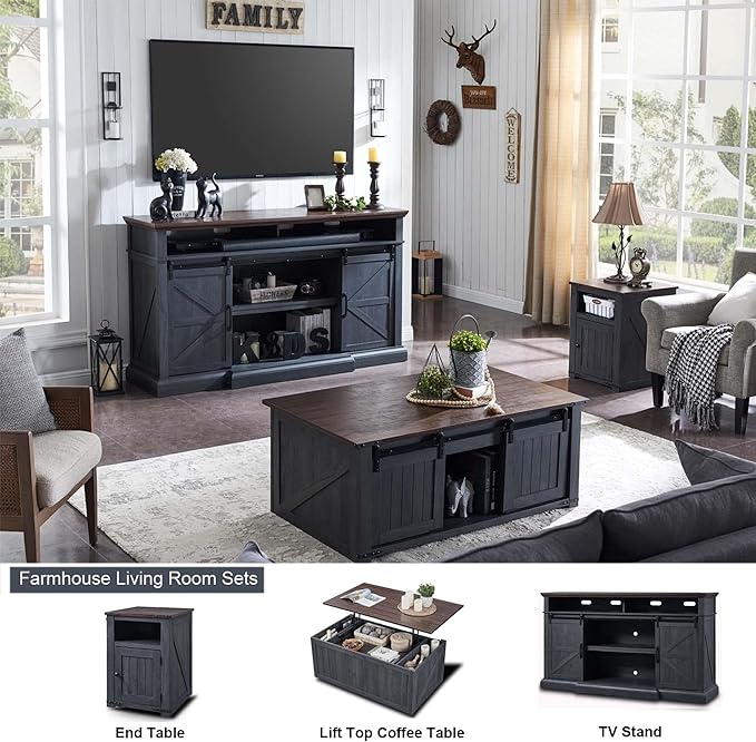 Farmhouse TV Stand for 80 Inch TVs, 37.4"Tall Entertainment Center w/Storage Cabinets and Sliding Barn Door, Media Console Cabinet w/Soundbar & Adjustable Shelves for Living Room, 70 inch (Dark Grey)