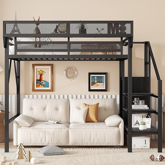 KEIKI Twin Size Metal Loft Bed Frame with Convertible Staircase, Built-in Storage Shelves & Wardrobe, Loft Bed with Solid Slats & Guardrail, No Box Spring Required, Easy Assembly, for Bedroom, Black