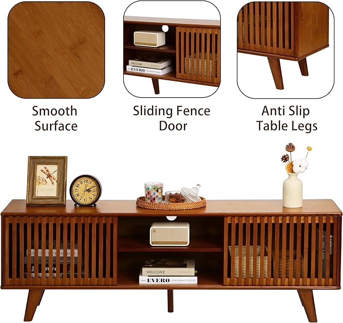 Bamboo TV Stand for TVs up to 65", Accent Entertainment Center with Storage, Media Console Table with Sliding Fence Door, Modern TV Stand for Living Room, Bedroom, 55"(L), Walnut