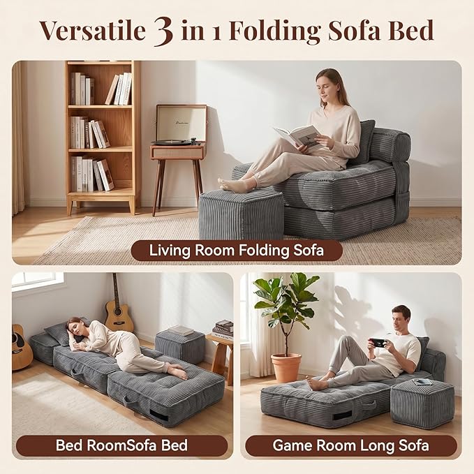 Folding Sofa Bed, Convertible Sleeper Chair with Pillow Foldable Mattress with Back Support, Portable Fold Out Chair Bed Comfy Floor Couch Lounge for Living Room Bedroom Apartment Single