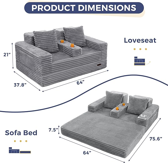 MAXYOYO Loveseat Sofa Bed, Striped Faux Fur Foldable Floor Sofa Couch in A Box, 4 in 1 Convertible Boneless Couch with 2 Cup Holders, Folding Recliner Sleeper Chair, No Assembly Required, Grey
