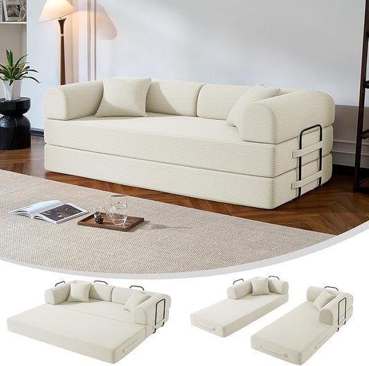 79" Compressed Sofa, Convertible Sofa Bed, Corduroy Compression Boneless Couch with Pillow, Comfy Modular Foldable Floor Sleeper Sofa for Bedroom, Living Room, Lounge, Studio (White)