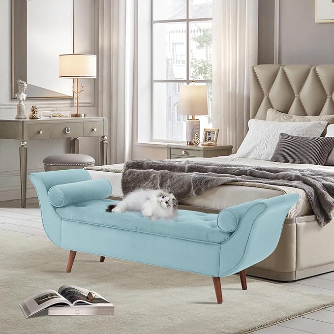 Storage Bench for Bedroom End of Bed, Velvet Upholstered Rolled Armed Button Tufted Sofa Stool Bench, Storage Ottoman Couch Long Bench with Solid Wood Legs (Blue)