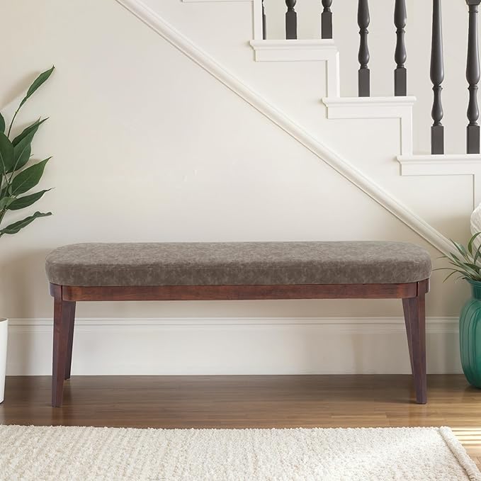 Christopher Knight Home Ella Mid-Century Faux Leather Upholstered Dining Bench, End of Bed Footrest, Entryway/Hallway Seating, Indoor Ottoman Bench with Padded Seat and Solid Wood Leg, Brown