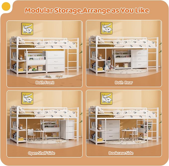 JOYMOR Low Loft Bed Twin Size with 3 Storage Drawers, 2 Tier Storage Shelves, 2 Tier Bookcase and LED Lights, Metal Kids Loft Bed with Safety Guardrail, Spave Saving Design (White)