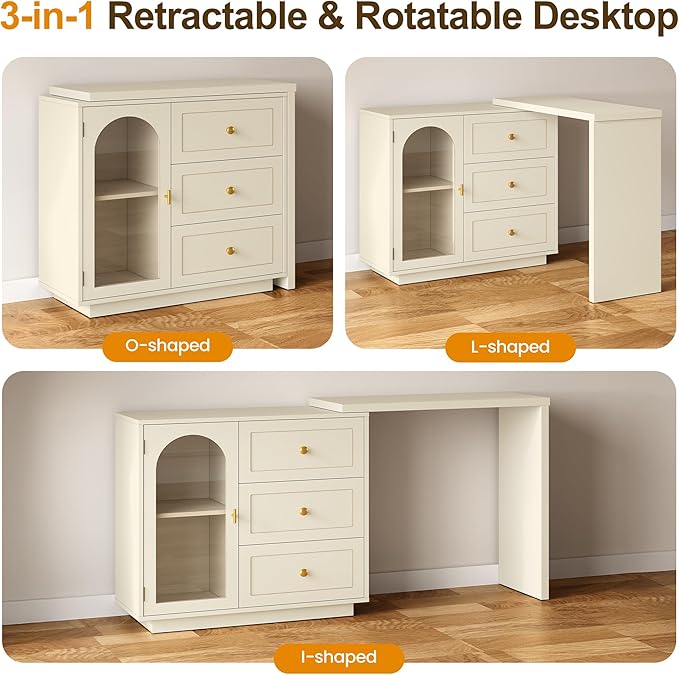 RoyalCraft 59” Large Makeup Vanity Desk, Beige L Shaped Corner Vanity Table with 3 Drawer & 1 Door, Modern Extendable Dressing Table, Vanity Dresser Combo for Bedroom, Dressing Room (Without Mirror)