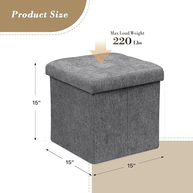Athena Collection Line Square Ottoman with Storage, 15 Inch Small Storage Ottoman, Multipurpose Footstool Foot Rest for Living Room, Bedroom, Dorm, Dark Grey