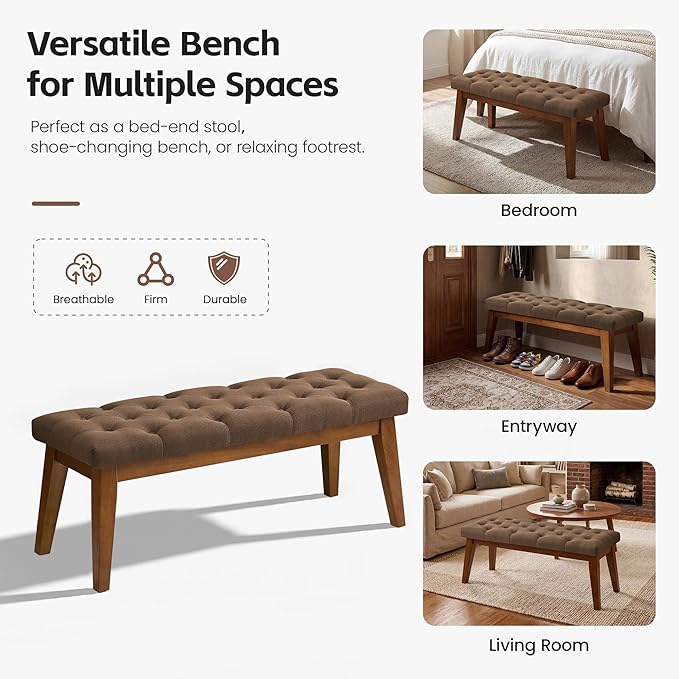 43.5" Upholstered Bedroom Bench, Linen Entryway Bench with Solid Wood Legs, End of Bed Bench with Cushion, Tufted Button Dining Bench for Living Room, Bedroom, Hallway, Brown