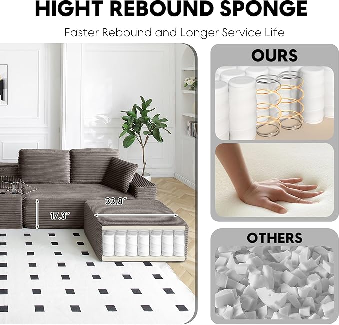 125 Inch Modular Sectional Sofa, Modern Oversized Corduroy Cloud Couch with 2 Ottomans, Cup Holders and USB Ports, U Shape Couch Boneless Couches for Living Room, No Assembly Required, Camel