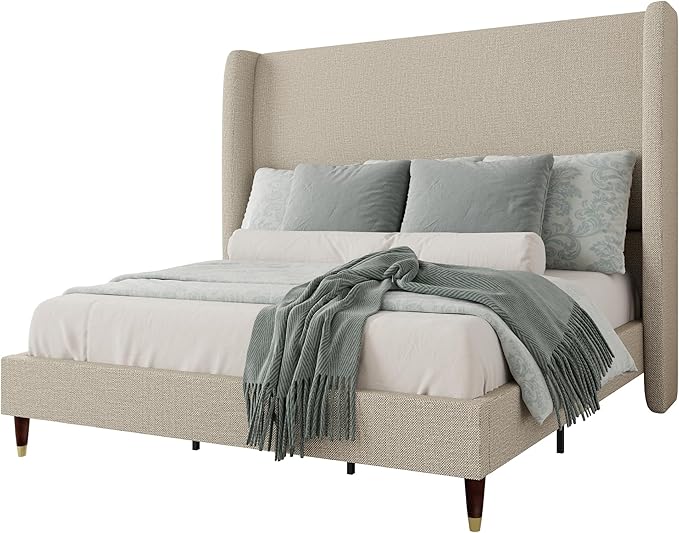 Jocisland Full Bed Frame 51.2" Wingback Headboard Linen Upholstered Platform Bed,Solid Wood Legs & Wooden Slats,No Box Spring Needed,Noise-Free,for Teen Room Small Bedroom Cozy Home,Brown