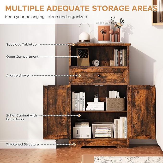 Floor Cabinet, Farmhouse Storage Cabinet with Barn Doors and Drawer, Freestanding Adjustable Shelf Organizer for Bathroom, Kitchen, Living Room Rustic Brown