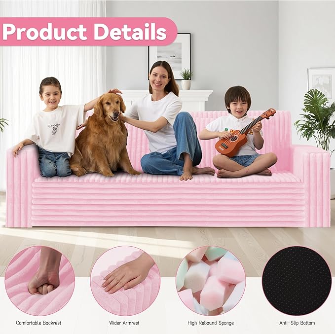 HABUTWAY 78" Loveseat Boneless Couch, 4-in-1 Convertible Sofa Bed, Plush Fur Folding Futon Sofa Bed Couches with 2 Pillows for Living Room, High-Density Foam Support, No Assembly Required, Pink