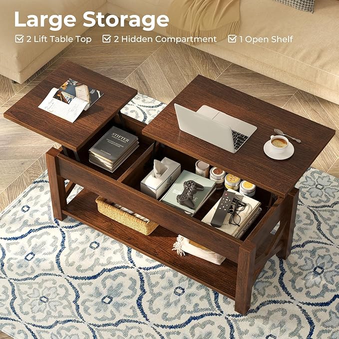 Rolanstar Coffee Table, 47.2" Lift Top with Hidden Compartment, 2 Way Lift Top Coffee Table with Open Shelf & X Wooded Support, Farmhouse Center Table for Living Room, Espresso
