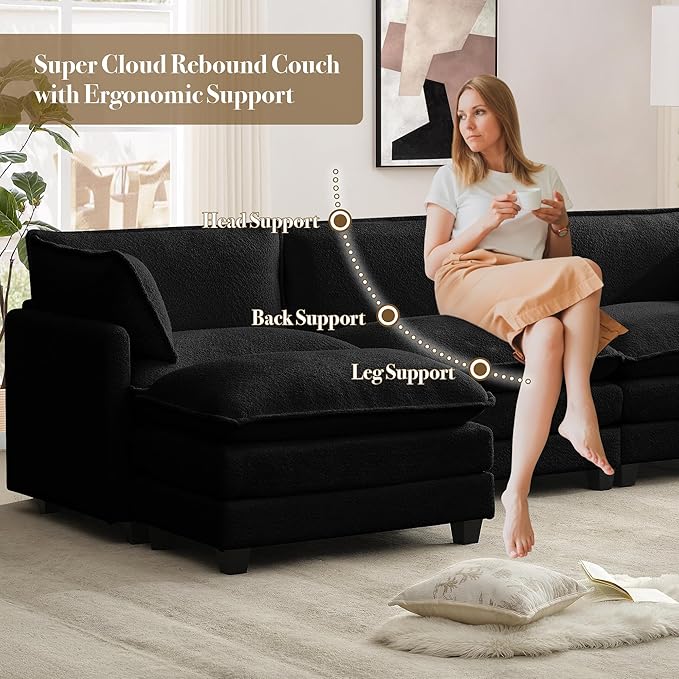 ROWHY 112'' Modular Sectional Cloud Couch with Movable Ottoman, 4 Seat Modern Chenille Sofa with 2 Throw Pillows, Deep Seat L Shaped Couch for Living Room Bedroom Apartment, Black | Arrange Freedom
