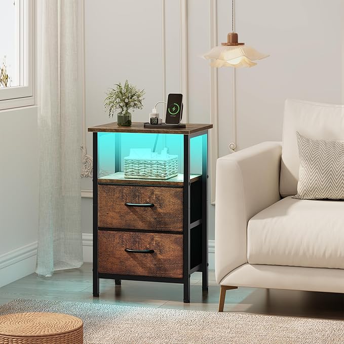 Vagusicc Night Stand Bedside Table Bedroom, LED Nightstand with Charging Station, End Table with USB Ports & Outlets, 24.2" Tall Bed Side Table with 2 Fabric Drawers and Storage Shelf, Rustic Brown