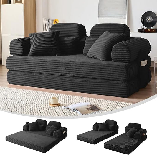 78.8" Convertible Sofa Bed with High Backrest Headrest, 5-in-1 Corduroy Boneless Couch with Side Pocket, Sleeper Loveseat Couch Bed Sectional Couches for Living Room, No Assembly, Black