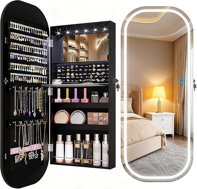 LVSOMT LED Mirror Jewelry Cabinet, Wall/Door Mount Jewelry Mirror Organizer, Rounded Full Length Mirror with Storage, Lockable Jewelry Armoire, 16" Wide, Foldable Shelf, Interior Mirror, Black
