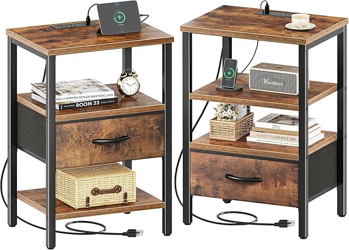 SUPERJARE Nightstand Set of 2, Bed Side Tables with Charging Station, Adjustable Fabric Drawer, Night Stand for Bedroom, 3-Tier Storage End Tables, for Living Room, Rustic Brown