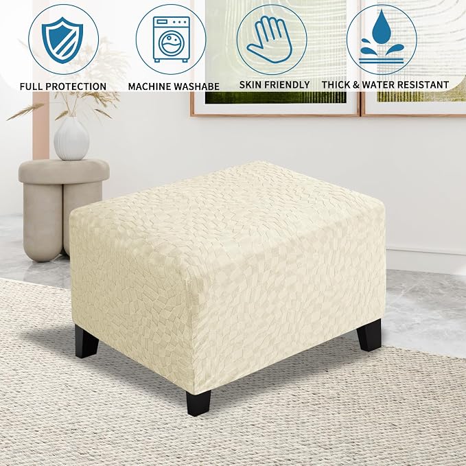 ZNSAYOTX 2026 Rectangle Ottoman Cover (L:28"-34") Super Stretch Soft Footrest Slipcover Form Fit, Universal Folding Foot Stool Covers with Non-Slip Elastic Band, Fashion Jacquard Texture, Beige