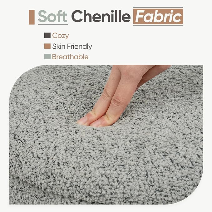 Round Storage Ottoman with Reversible Tray Lid, Folding Chenille Fabric Footrest with Hidden Storage, 15.4" Footstool for Small Spaces Living Room Bedroom, Wood Grain Base, Grey