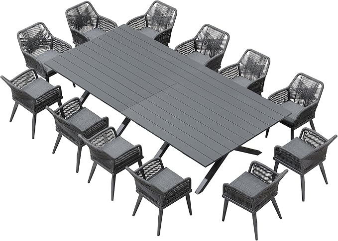 PURPLE LEAF 14 Pieces Outdoor Patio Dining Set All-Weather PE Rattan Furniture Set with All Aluminum Frame Rectangular Table and Chairs Set for 12 People Lawn Garden Backyard Deck, Grey