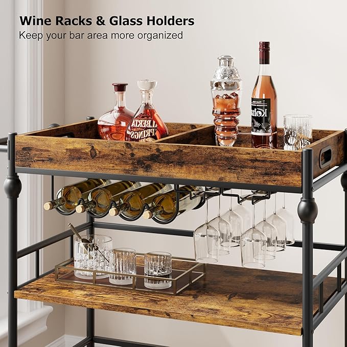3-Tier Bar Cart with Wheels, Mobile Rolling Beverage Cart with Wine Rack, Glass Holder & Removable Top Tray, Serving Cart, Retro Trolley for Kitchen, Dining Room, Living Room, 35.4" x 15.7" x 34.1"