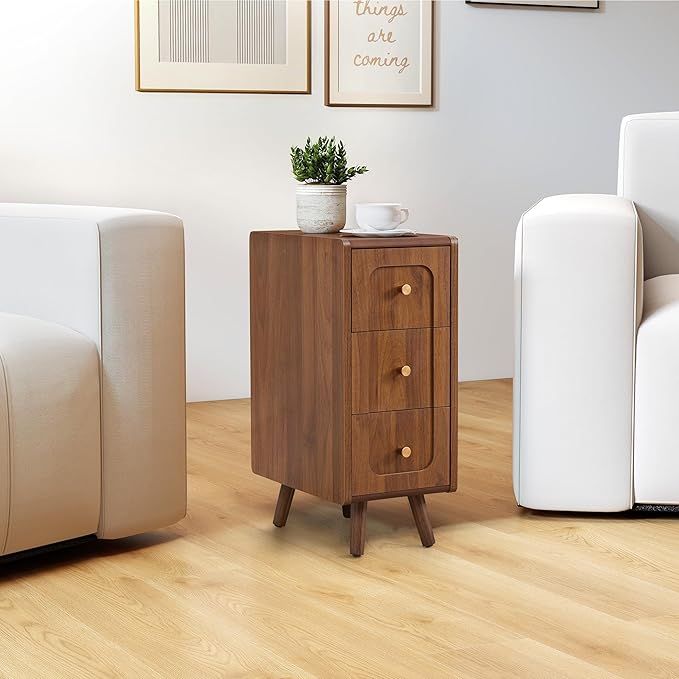 Narrow Nightstands with 3 Drawers, Wooden Farmhouse Bedside Tables, Slim End Tables with Storage, Small Night Stand for Bedroom, Living Room, Small Spaces